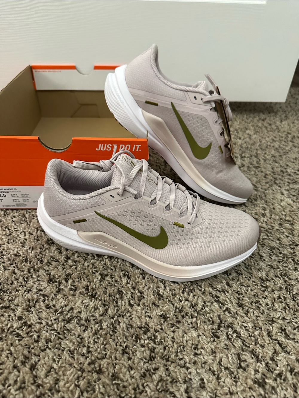 Nike Neutral Beige Trainers with Olive Green Swoosh